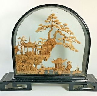 Vintage Chinese Diorama Cork Art Wood Glass Shadow Box Cranes