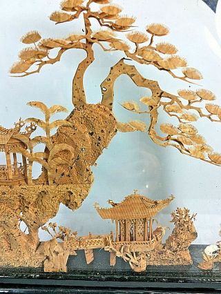Vintage Chinese Diorama Cork Art Wood Glass Shadow Box Cranes 3