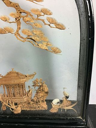 Vintage Chinese Diorama Cork Art Wood Glass Shadow Box Cranes 4