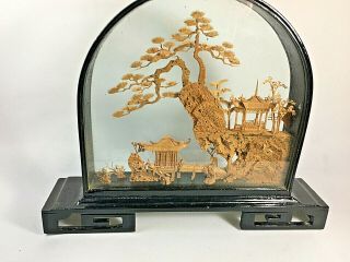 Vintage Chinese Diorama Cork Art Wood Glass Shadow Box Cranes 5
