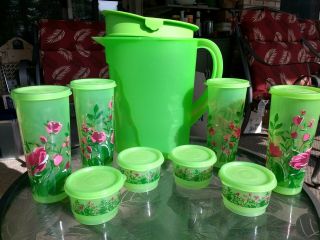Tupperware,  Floral Lime Green Tumblers And Snack Cups With Lids,  Pitcher,  Pretty