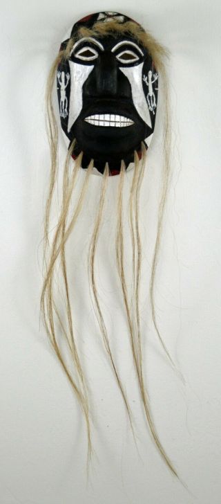 Vintage Pasqua Yaqui Indian Hand Carved Pascola Mask W/ Horse Hair Trim
