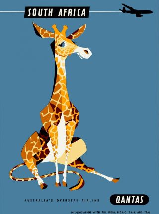 South Africa Giraffe Qantas Vintage African Travel Advertisement Poster