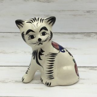 Vintage Tonala Mexico Pottery Hand Painted Floral Sitting Cat Figurine