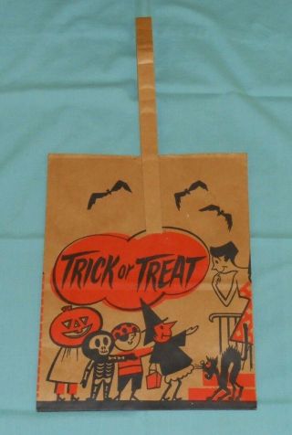 Vintage Paper Halloween Trick Or Treat Bag Kids In Costumes Cat Bats