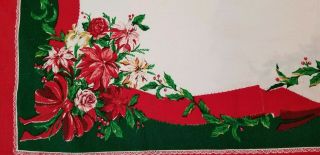 Vintage Fabric Christmas Oblong Tablecloth 100 X 60 Poinsettia White Green Red
