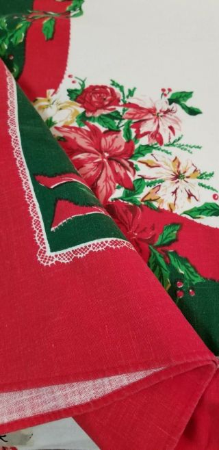 Vintage Fabric Christmas Oblong Tablecloth 100 x 60 Poinsettia White Green Red 2