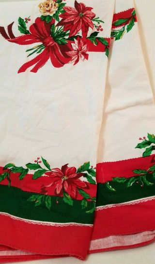 Vintage Fabric Christmas Oblong Tablecloth 100 x 60 Poinsettia White Green Red 3