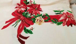 Vintage Fabric Christmas Oblong Tablecloth 100 x 60 Poinsettia White Green Red 4