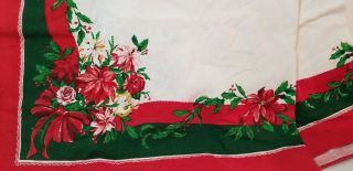 Vintage Fabric Christmas Oblong Tablecloth 100 x 60 Poinsettia White Green Red 5