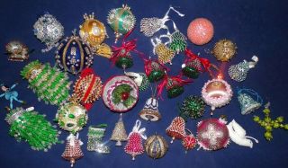 36 Vtg Handmade Xmas Tree Ornaments Beaded Sequin Pins Ribbon Satin Ornaments