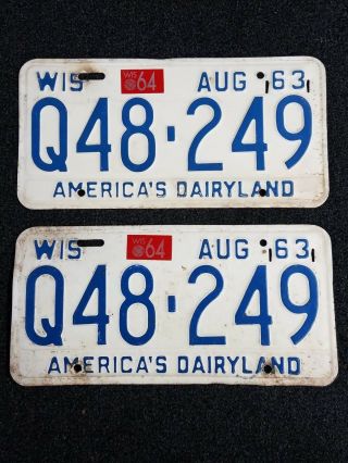 Vintage 1963 Wisconsin License Plates With 64 Stickers - Matched Pair (2)