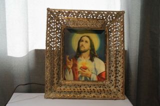 Vintage Holographic Jesus & Virgin Mary Metal Framed Lighted Picture 13.  5 " X15.  5 "