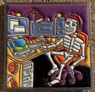 1 Talavera Pottery Tile 6 " Day Of The Dead Computer Guy Geek Screens Desk Chair