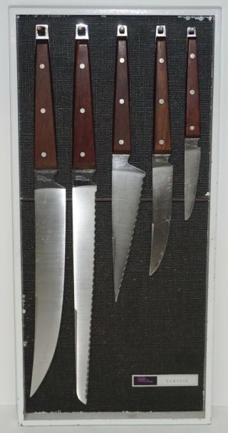 Mid - Century Ekco Flint Classic 5 - Pc Kitchen Knife Set Hanging Magnetic Strip