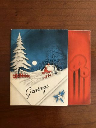 Vtg Wwii Era Red White Blue Christmas Card: Moonlight Cottage Trees Snow Scene