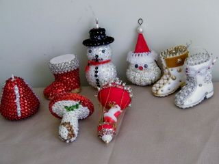 Vintage Beaded Christmas Santa,  Snowman,  Boots Ornaments Push Pin Sequin Handmade