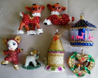 Vintage Beaded Christmas Carousel Deer Heart Ornaments Push Pin Sequin Handmade