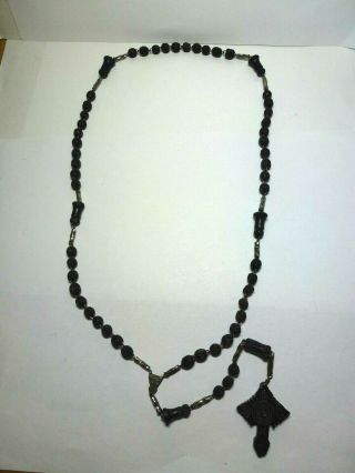 Vintage Carved Black Bead Stanhope Rosary - Virgin Mary?