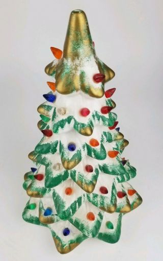 White Ceramic Christmas Tree Gold And Green Accents W Bulbs Vintage 14 " No Base
