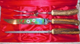 Anton Wingen Jr Solingen Rostfrei Othello Carving Stag Knife Set Floral Engraved