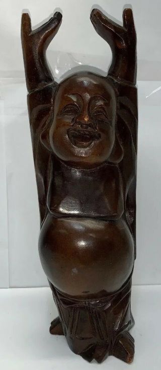 Vintage Hand Carved Wooden Happy Buddha Figurine Statue 12 " Hands Up