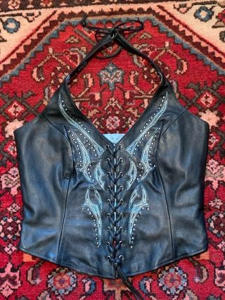 Harley Davidson Women’s S Lace Up Corset Leather Halter Top Embroidered W Studs