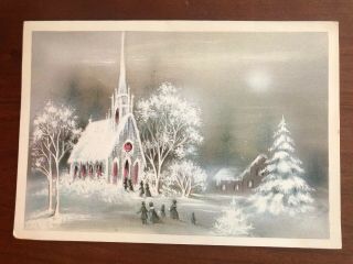 Vintage Mid Century Glitter Christmas Card Church Family Tree Snow Pink Windows