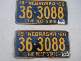 Pair 1960 61 Tag Black Nebraska The Beef State License Plate Car Truck 36 3088