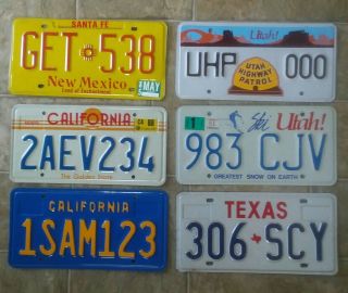 Set Of 6 Automobile License Plate State Tags Utah Texas California Mexico