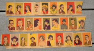 1920 Silent Film Star Strip Cards - Pickford,  Will Rogers,  Rudolph Valentino,  Chaplin