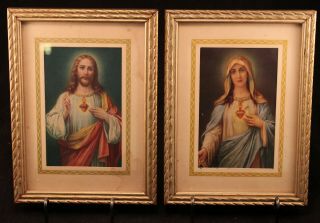 Vintage Litho Prints Sacred Heart Jesus Mary Framed Set Lambert Product Usa 5x7
