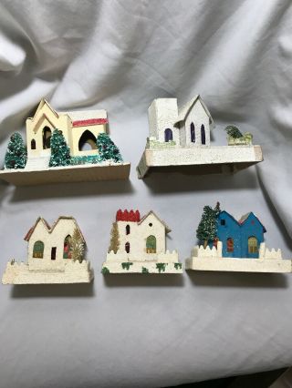Vintage Christmas Village Mica Glitter House Set Of 5 Japan Luffa Trees