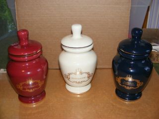 3 Vintage Apothecary Jars,  Red,  White,  Blue W/gold Trim