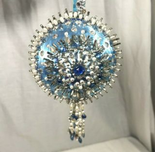 Vintage 60s/70s Satin Blue Pearl Beaded Sequins Christmas Ornament Ball