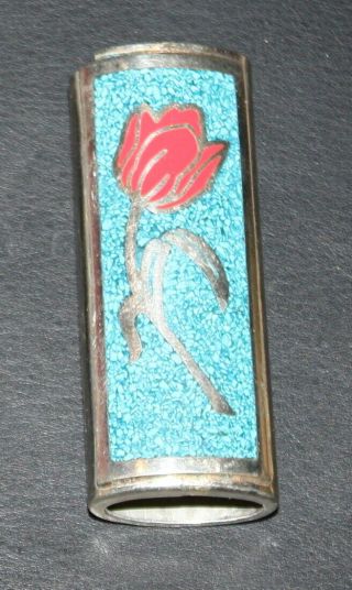 Vintage Silver,  Turquoise,  & Enamel Cigarette Lighter Holder - Rose