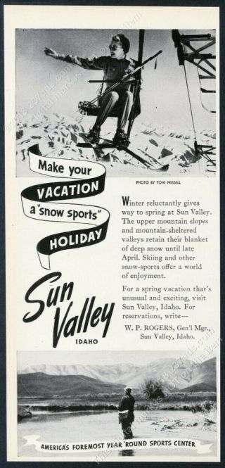 1947 Sun Valley Ski Area Toni Frissell Chair Lift Woman Photo Vintage Print Ad