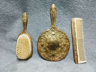 Vintage Heavy Metal Gold Vanity / Dresser Set Mirror,  Brush,  Comb EUC 2
