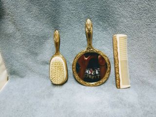 Vintage Heavy Metal Gold Vanity / Dresser Set Mirror,  Brush,  Comb EUC 3