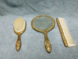 Vintage Heavy Metal Gold Vanity / Dresser Set Mirror,  Brush,  Comb EUC 4