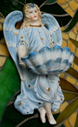 Antique Hanging Figural Porcelain Blue Winged Angel Holy Water Font