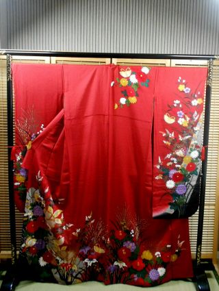 Japanese Kimono Silk " Furisode " Long Sleeves,  Flowers,  Gold Leaf,  Lame L 64 ".  738
