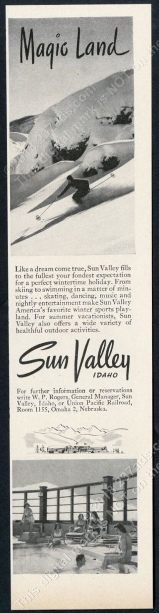1947 Sun Valley Ski Area Skier Skiing Photo Magic Land Vintage Print Ad