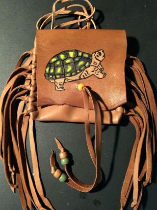 Turtle,  Hand Painted Lambskin Medicine Bag,  With Fringe And Pony Beads.