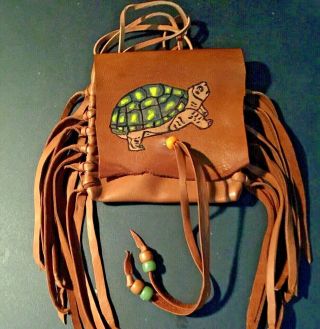 TURTLE,  Hand painted Lambskin Medicine bag,  with fringe and Pony beads. 2