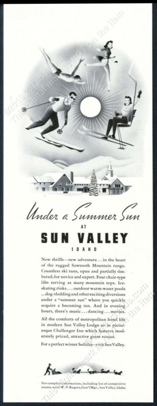 1940 Sun Valley Ski Area Skier Skiing Diver Chair Lift Art Vintage Print Ad
