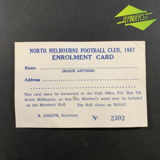 1967 North Melbourne Kangaroos Football Club Membership Enrolment Card Afl Vfl