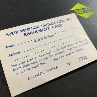 1967 NORTH MELBOURNE KANGAROOS FOOTBALL CLUB MEMBERSHIP ENROLMENT CARD AFL VFL 2
