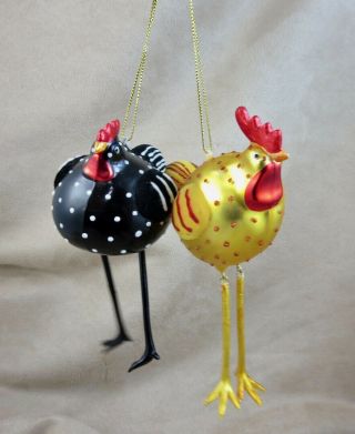 2 Whimsical Blown Glass Chicken Hen Rooster Ornaments Yellow Red & Black White