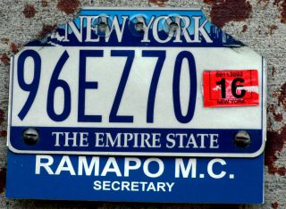 2016 Blue York Motorcycle License Plate With A Ramapo Motorcycle Club Topper